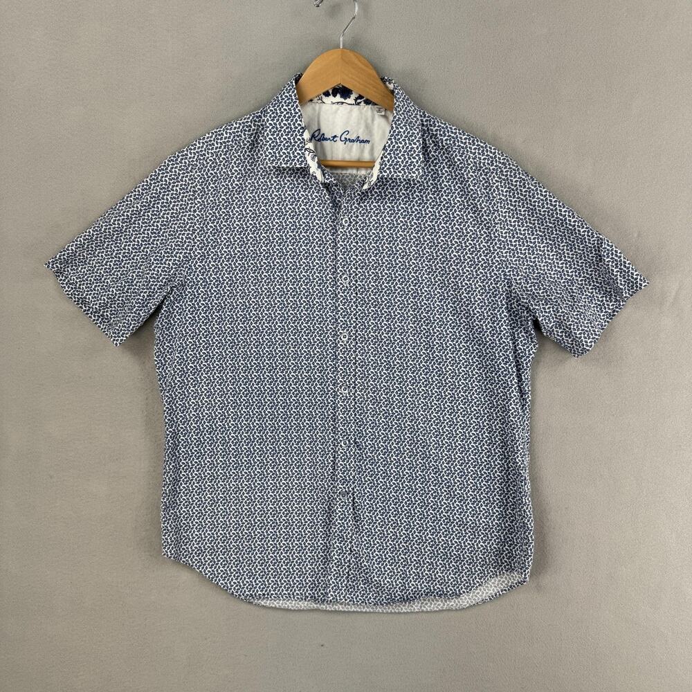 Robert Graham Shirt Mens Large Blue Floral Cotton Short Sleeve Button-Up Casual